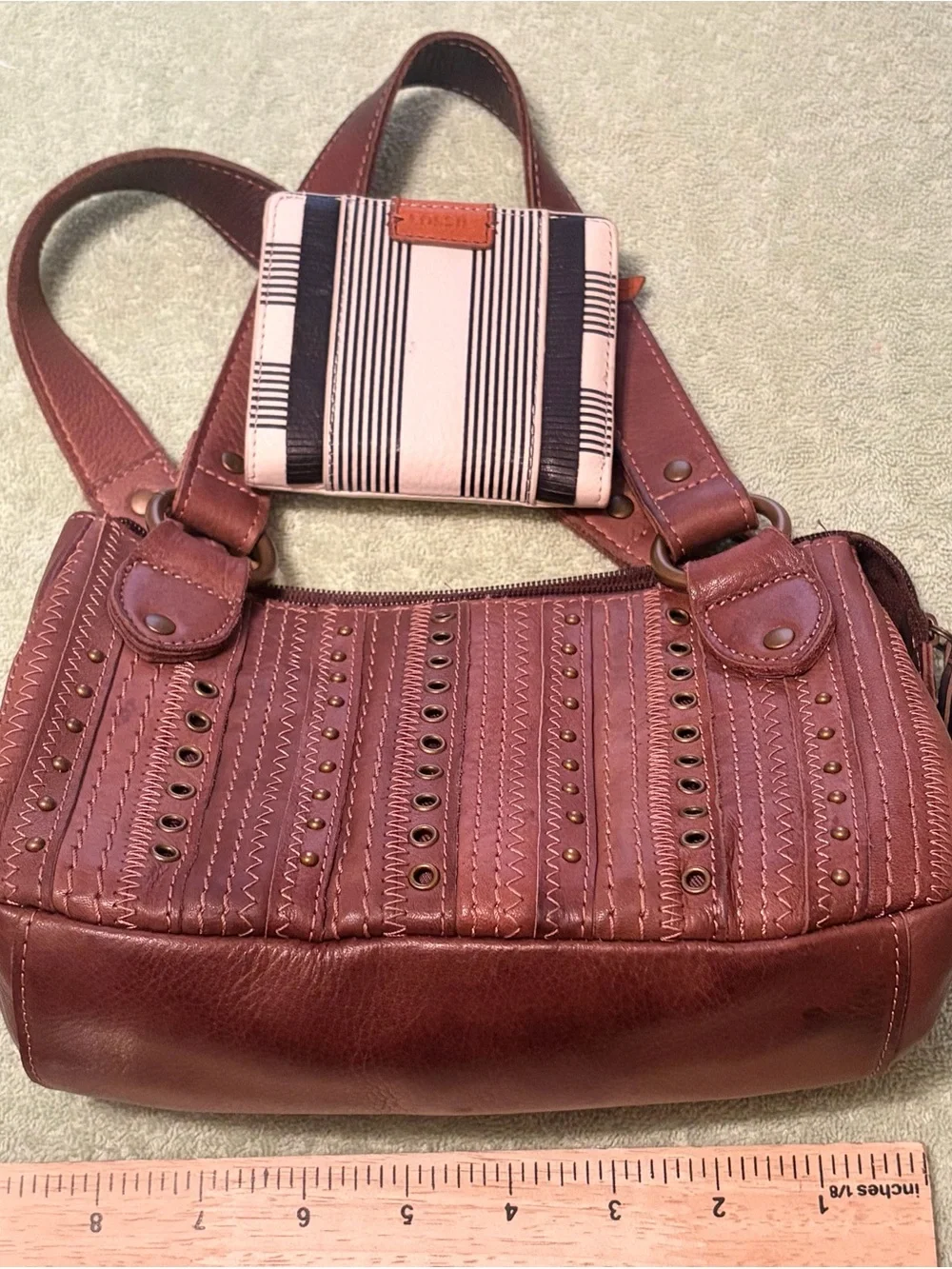 Brown Studded Shoulder Bag & Fossil Wallet Bundle